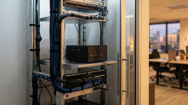 Compact NVIDIA AI workstation with glowing blue-green status LEDs inside a clean small business server closet representing local AI deployment