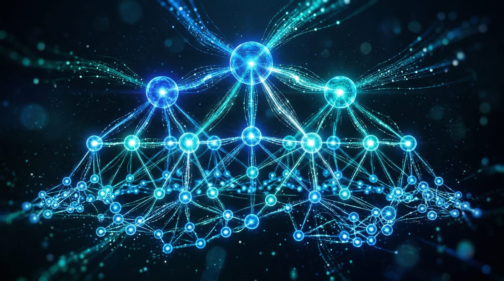 Tiered network of interconnected glowing blue-teal nodes with streaming data particles representing multiple open-source AI model tiers working together