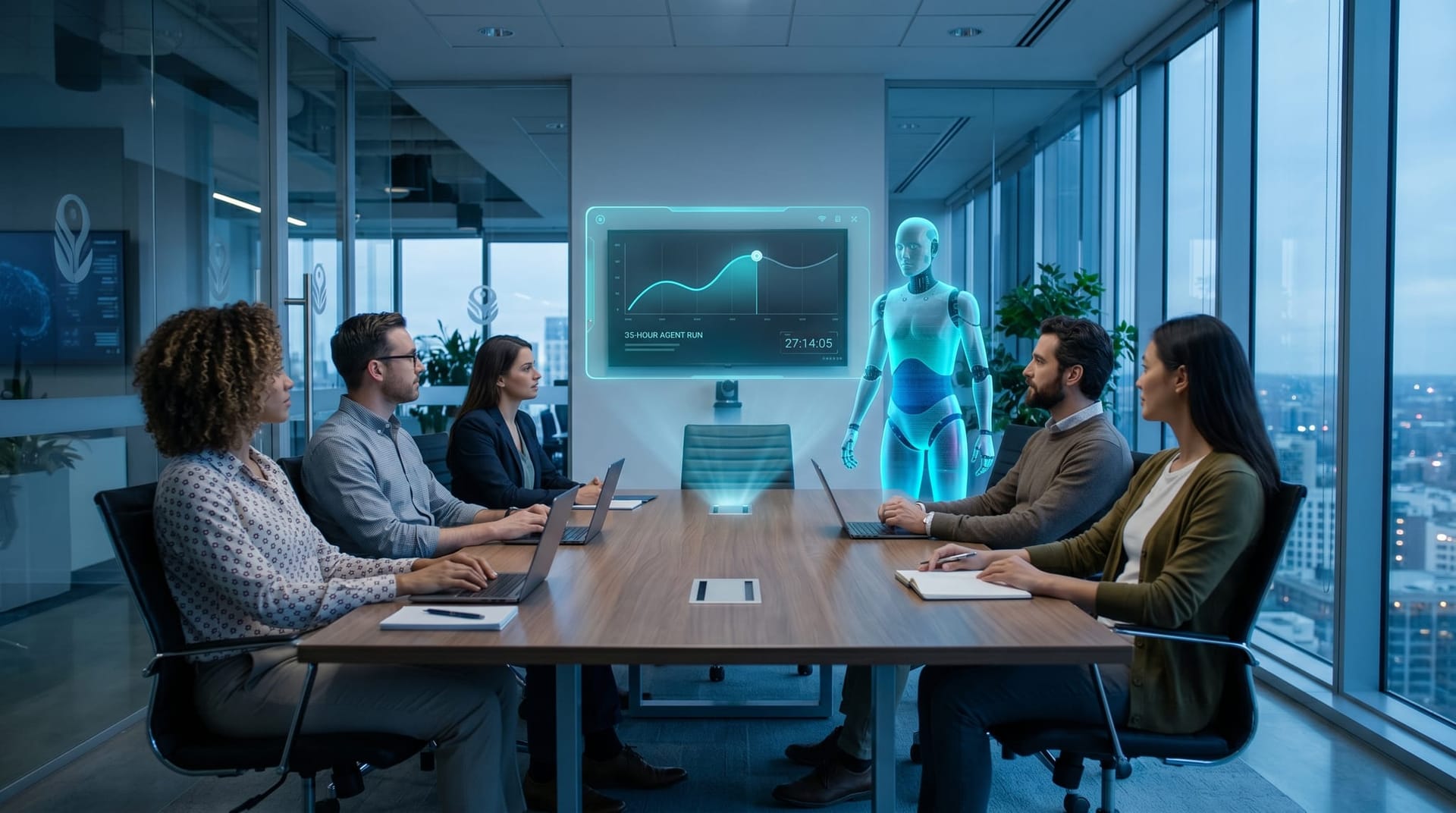 Mid-market AI procurement team reviews a 35-hour autonomous AI Employee run on a translucent cyan holographic dashboard inside a glass-walled office