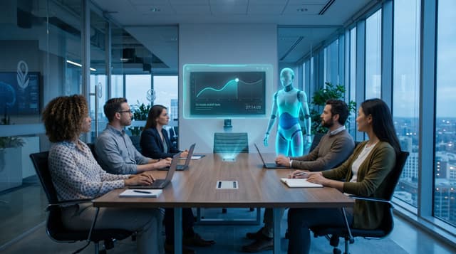 Mid-market AI procurement team reviews a 35-hour autonomous AI Employee run on a translucent cyan holographic dashboard inside a glass-walled office