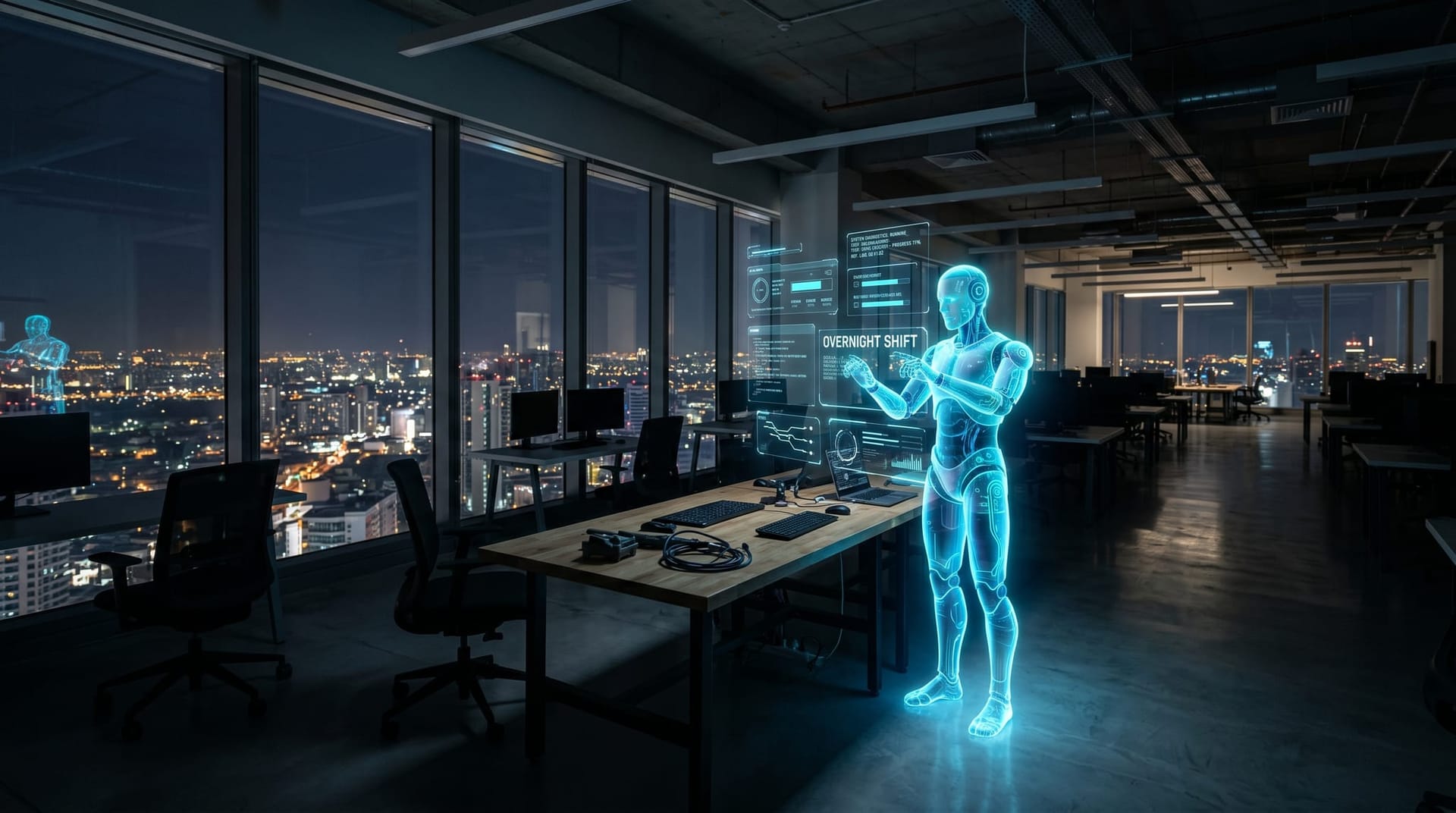 An empty late-night office with a translucent cyan holographic AI Employee avatar continuing work alone on multiple floating dashboards
