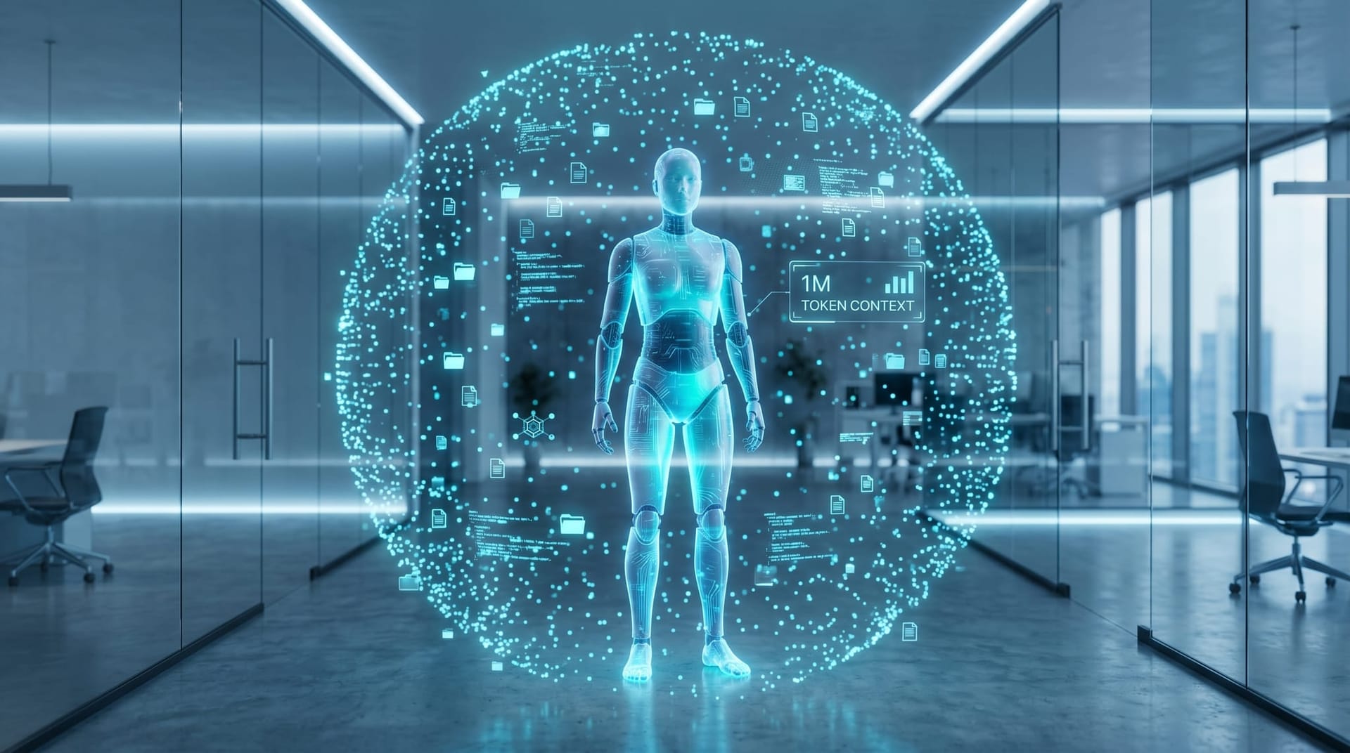 Architecture diagram of a 1M-token context window visualized as a vast cyan holographic data field surrounding an AI Employee avatar