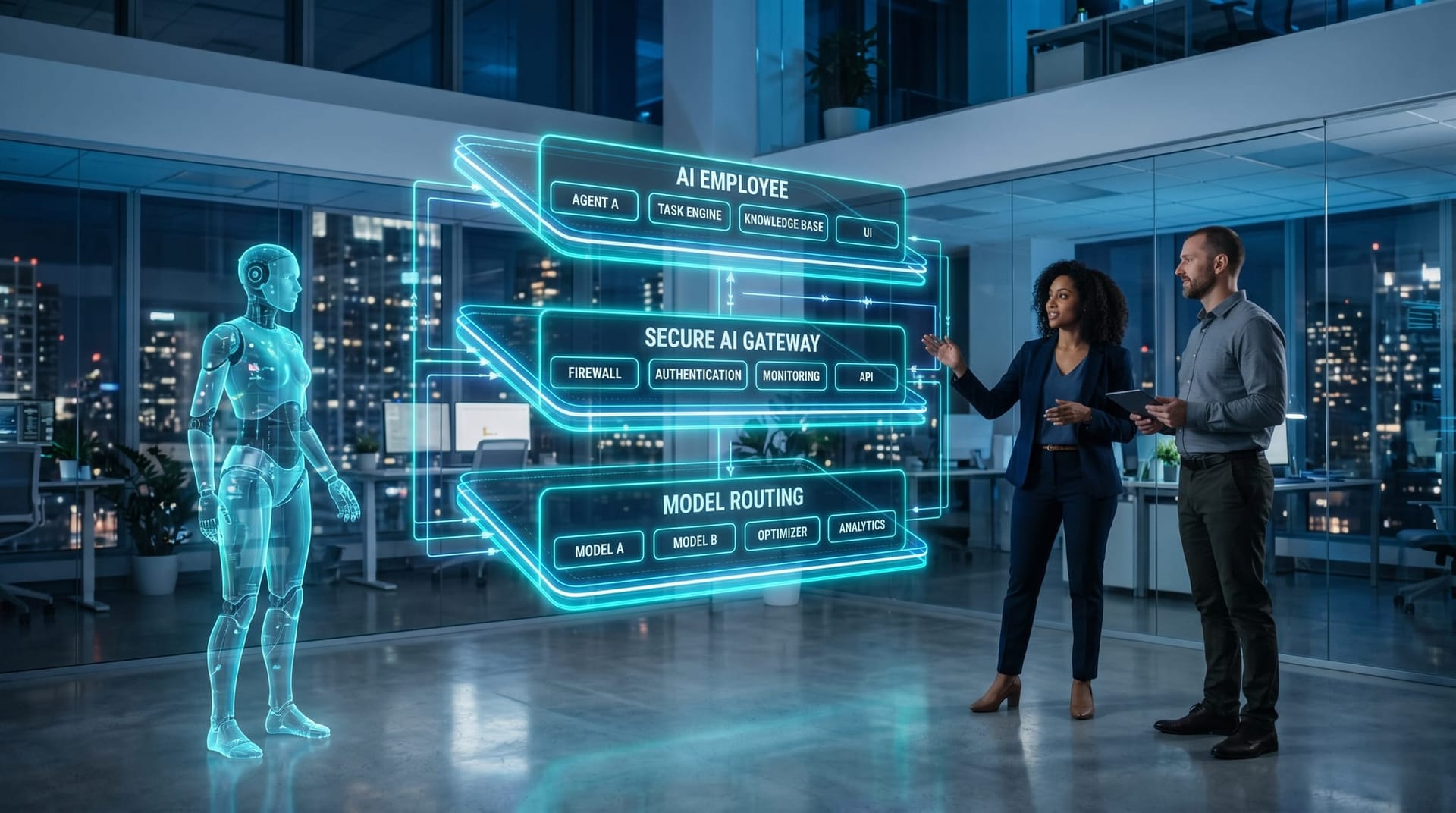 A holographic Secure AI Gateway architecture with policy classification and model routing controls displayed in cyan between AI Employees and external models