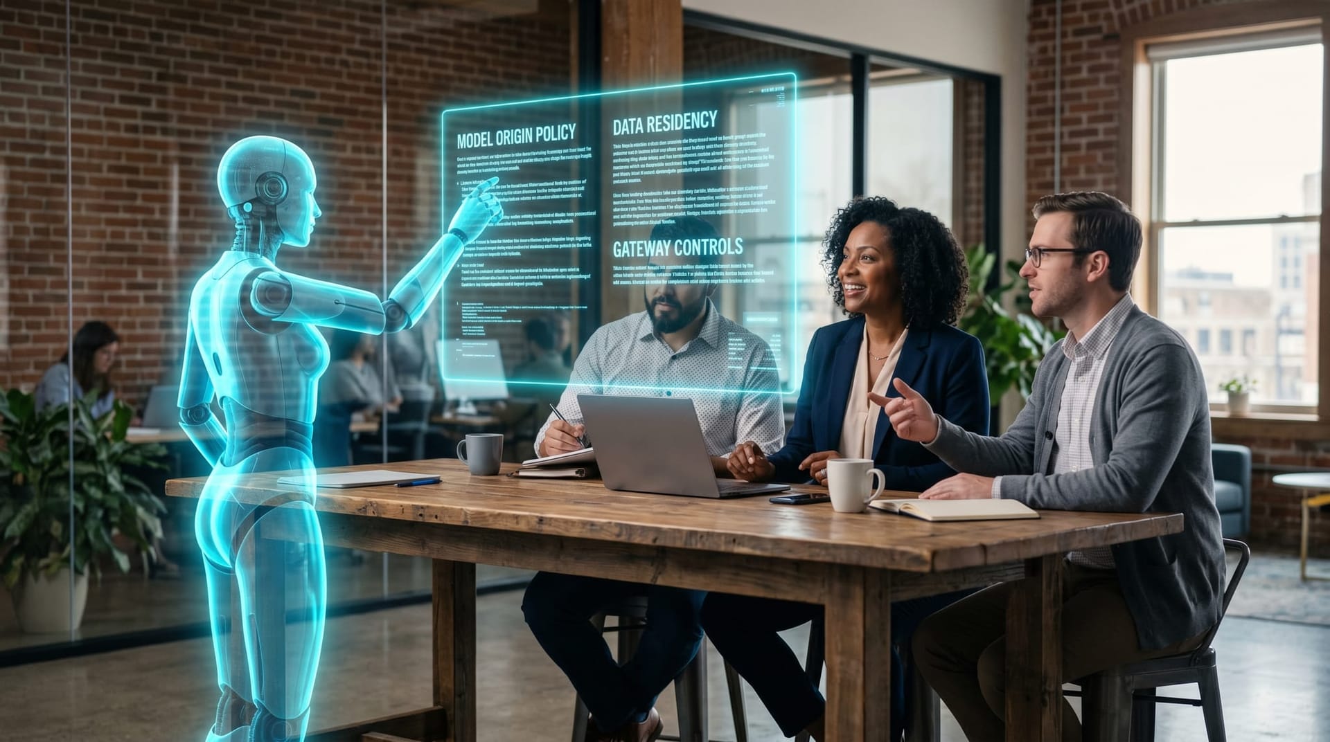 Northeast Indiana mid-market IT team reviews a model-origin policy document on a holographic display with a translucent cyan AI Employee avatar present