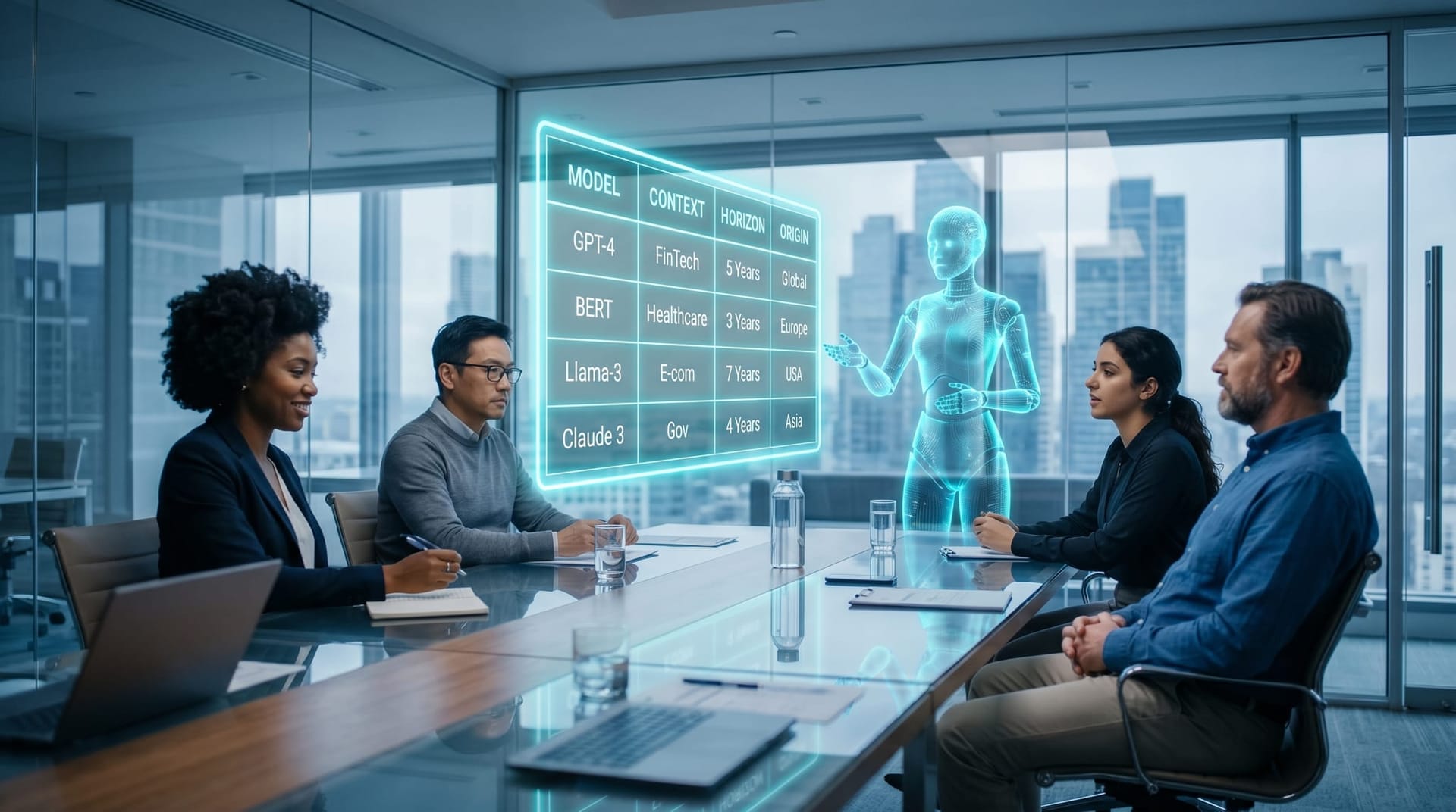 Buying committee gathered around a holographic procurement matrix comparing long-horizon AI models by origin context and harness compatibility