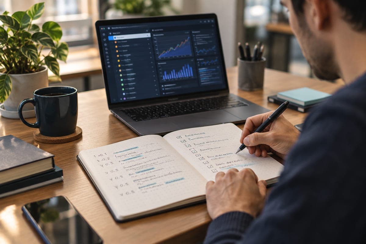 Change log and testing notebook beside a laptop