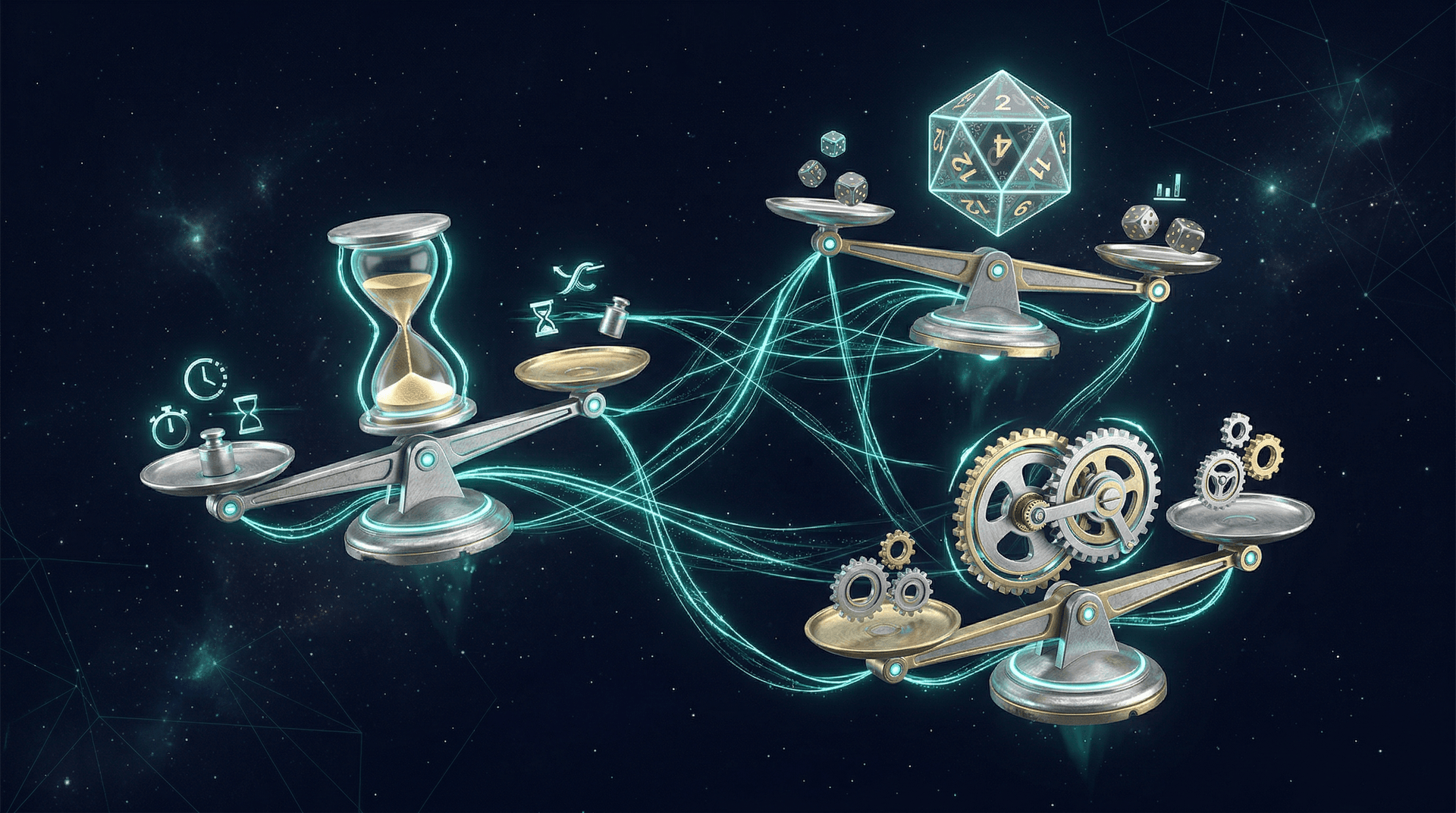 Three interconnected balance scales weighing time, probability, and process overhead for agentic AI work delegation decisions