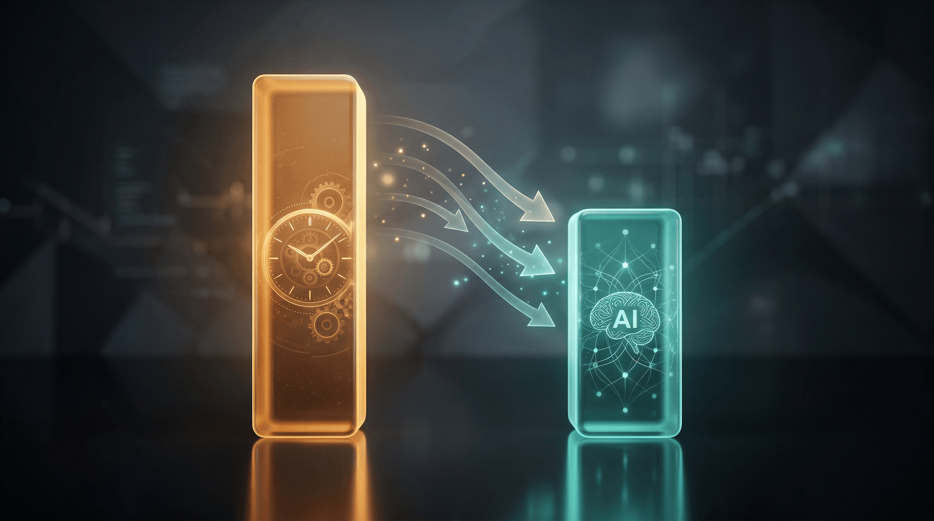 Amber and teal performance bars comparing traditional human expert work time against AI-assisted workflow time with translucent savings arrows
