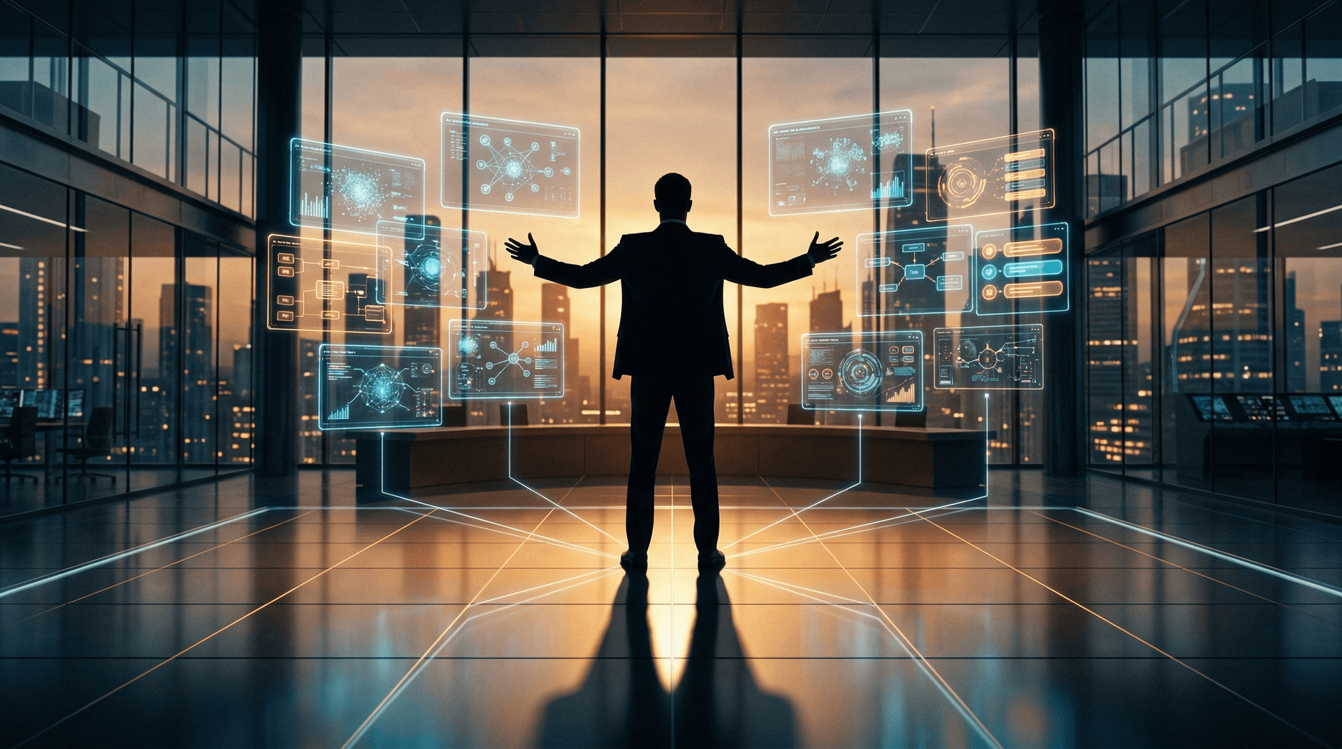 Silhouetted business leader directing holographic AI agent interfaces from a glass-walled command center with warm amber and cool blue lighting