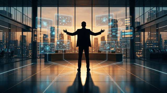 Silhouetted business leader directing holographic AI agent interfaces from a glass-walled command center with warm amber and cool blue lighting