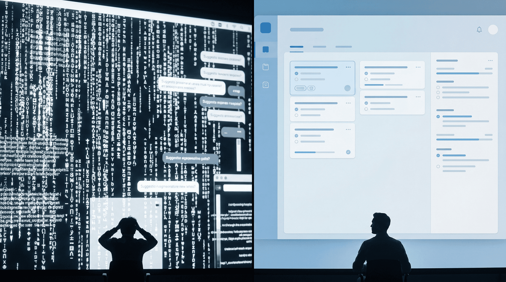 Split screen contrasting chaotic overwhelming chatbot text wall with a clean organized purpose-built AI management interface