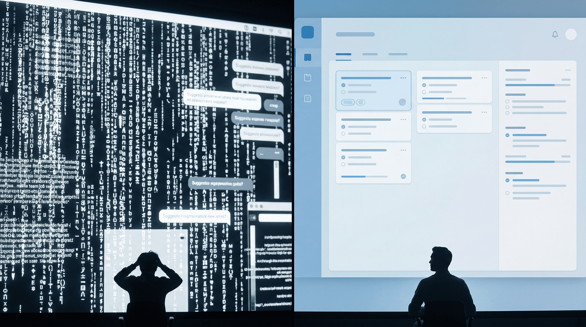 Split screen contrasting chaotic overwhelming chatbot text wall with a clean organized purpose-built AI management interface