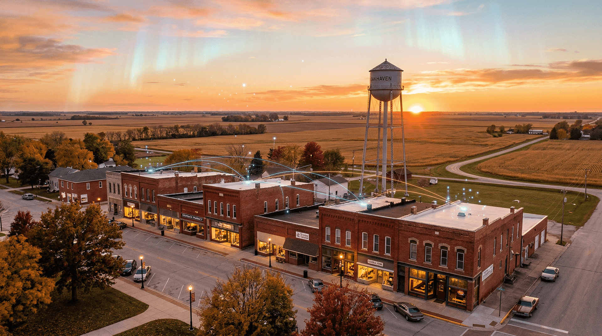 Golden hour Midwestern business district with brick commercial buildings and subtle holographic AI connection lines between storefronts