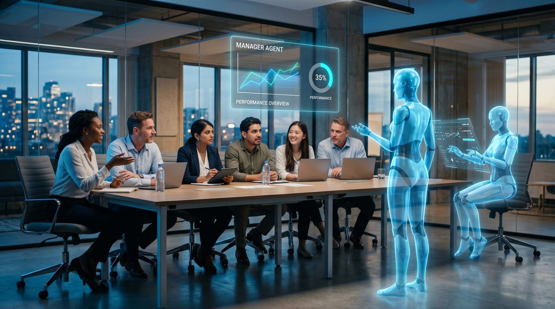 A diverse mid-market business team at a glass-walled office reviewing a floating cyan holographic dashboard while a translucent AI Employee avatar supervises a second worker AI agent at the table.