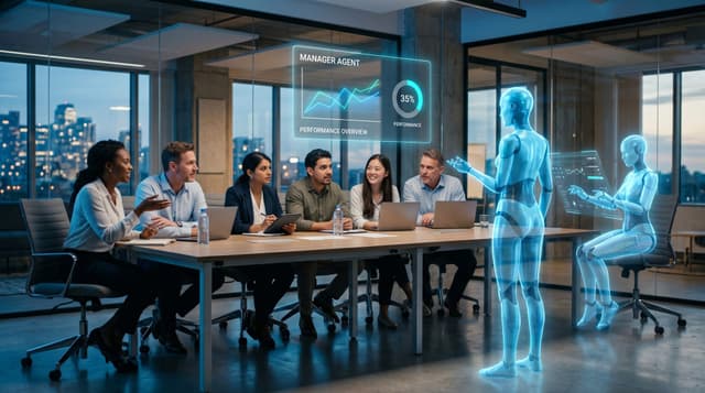A diverse mid-market business team at a glass-walled office reviewing a floating cyan holographic dashboard while a translucent AI Employee avatar supervises a second worker AI agent at the table.