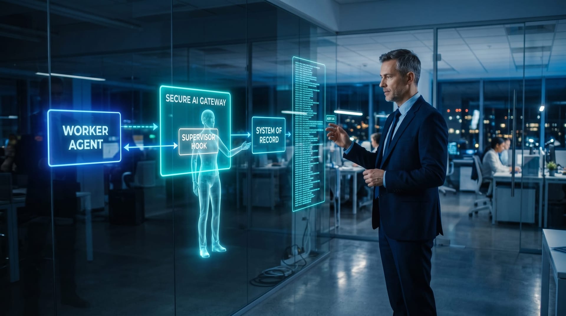 An IT director at a wall-mounted holographic schematic showing a buyer-owned Secure AI Gateway with a worker agent feeding outputs into a supervisor hook before reaching a system of record.