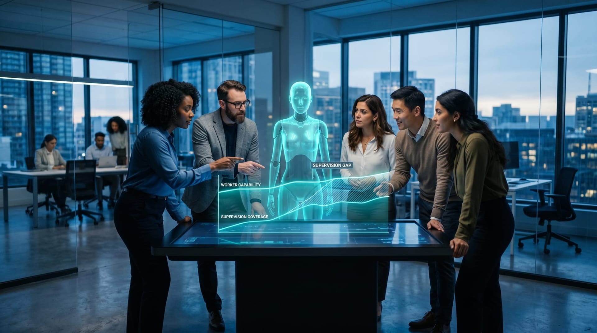 Five colleagues around an interactive table display reviewing two cyan glow line charts where worker capability has plateaued high while a supervision-coverage line stays low.