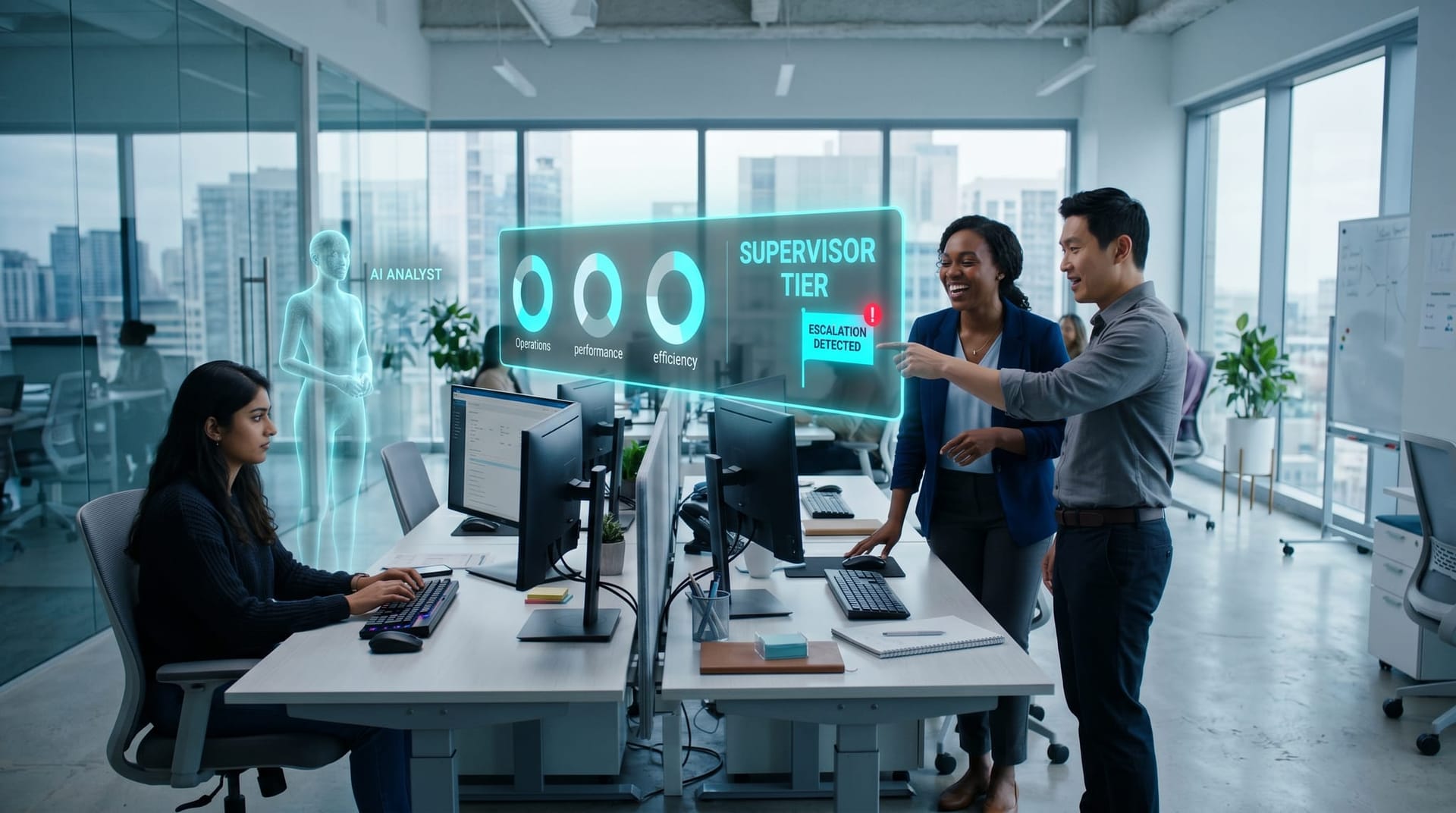 A small Northeast Indiana mid-market operations team in a modern open office reviewing a floating cyan supervisor dashboard above their workstations while two colleagues discuss an escalation.
