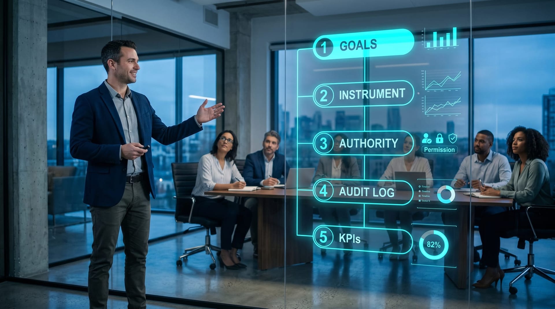 A presenter at the front of a modern conference room standing beside a large floating holographic schematic showing five numbered steps of the manager agent architecture pattern in cyan glow.