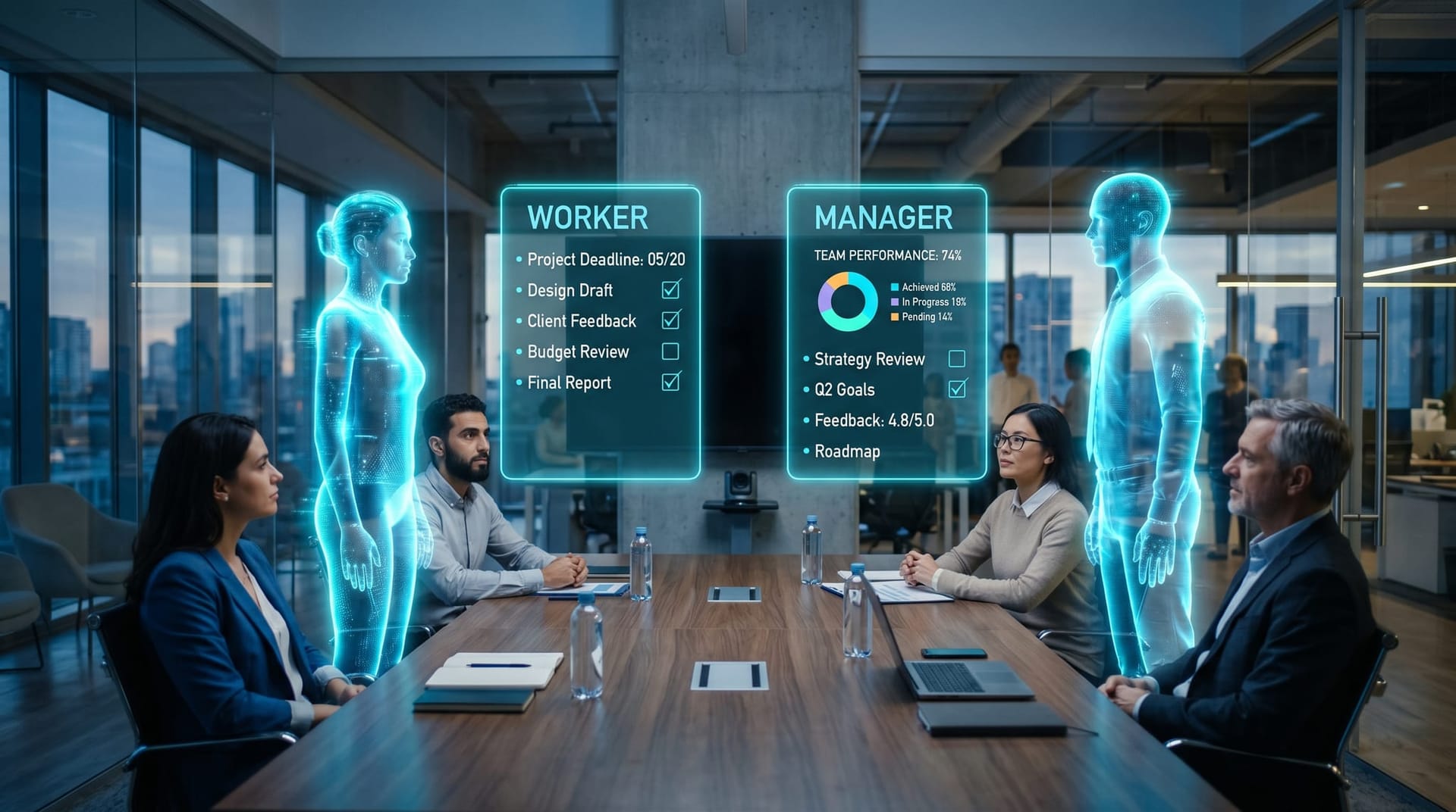 Two translucent cyan holographic AI Employee avatars face one another across a conference room with floating panels labeled WORKER and MANAGER showing different evaluation criteria.