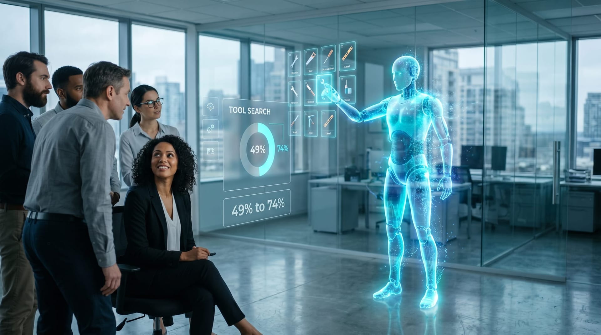 Holographic cyan AI employee reaching into a floating tool catalog in a glass office while a dashboard panel labeled TOOL SEARCH shows accuracy rising from 49 to 74 percent