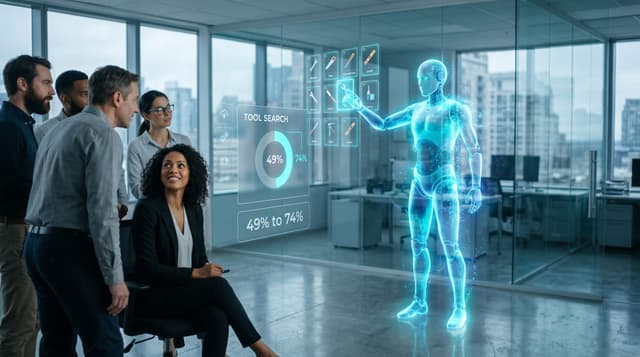 Holographic cyan AI employee reaching into a floating tool catalog in a glass office while a dashboard panel labeled TOOL SEARCH shows accuracy rising from 49 to 74 percent