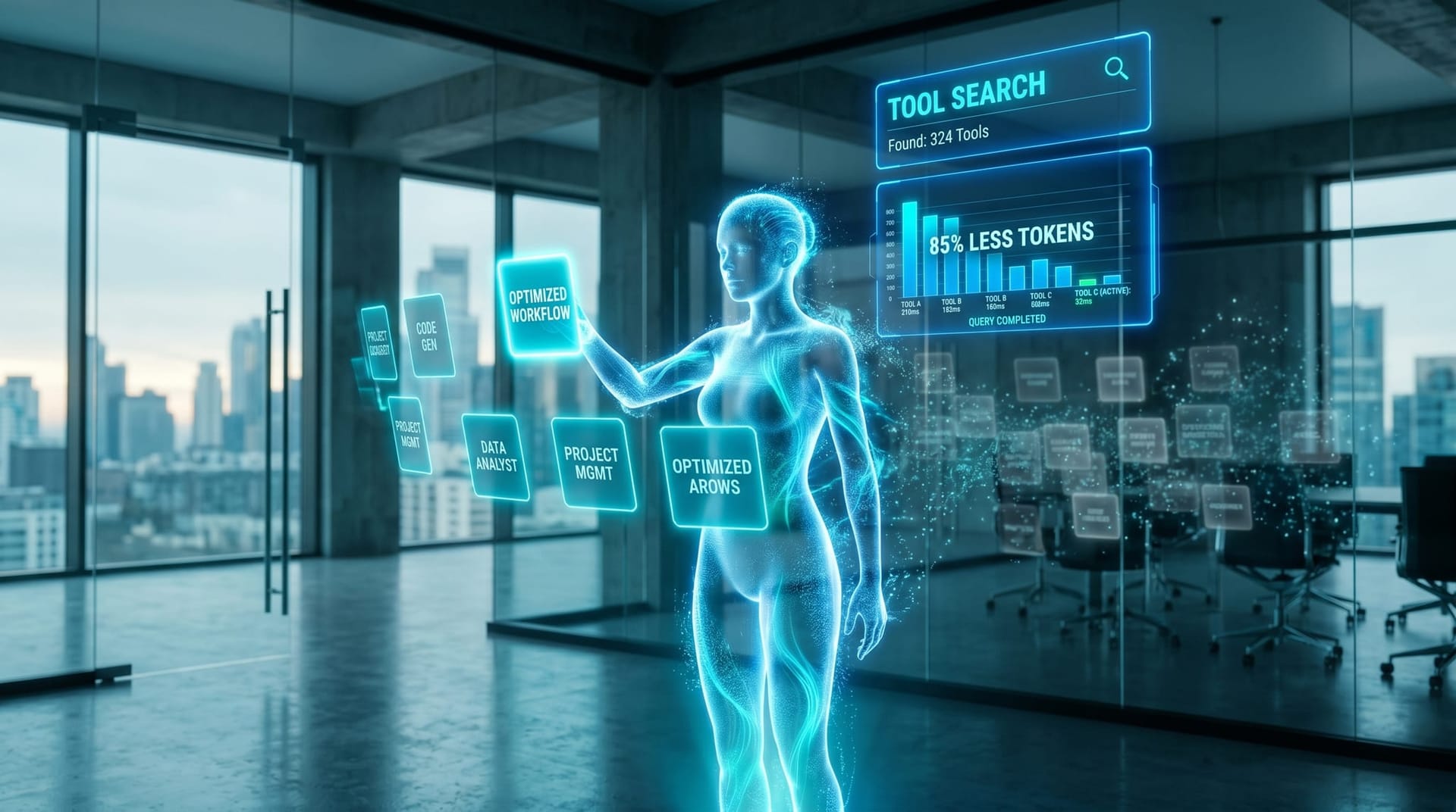 Translucent cyan AI employee selecting one tool from a narrowed shortlist of glowing cards while a holographic panel reads TOOL SEARCH and another shows an 85 percent token reduction