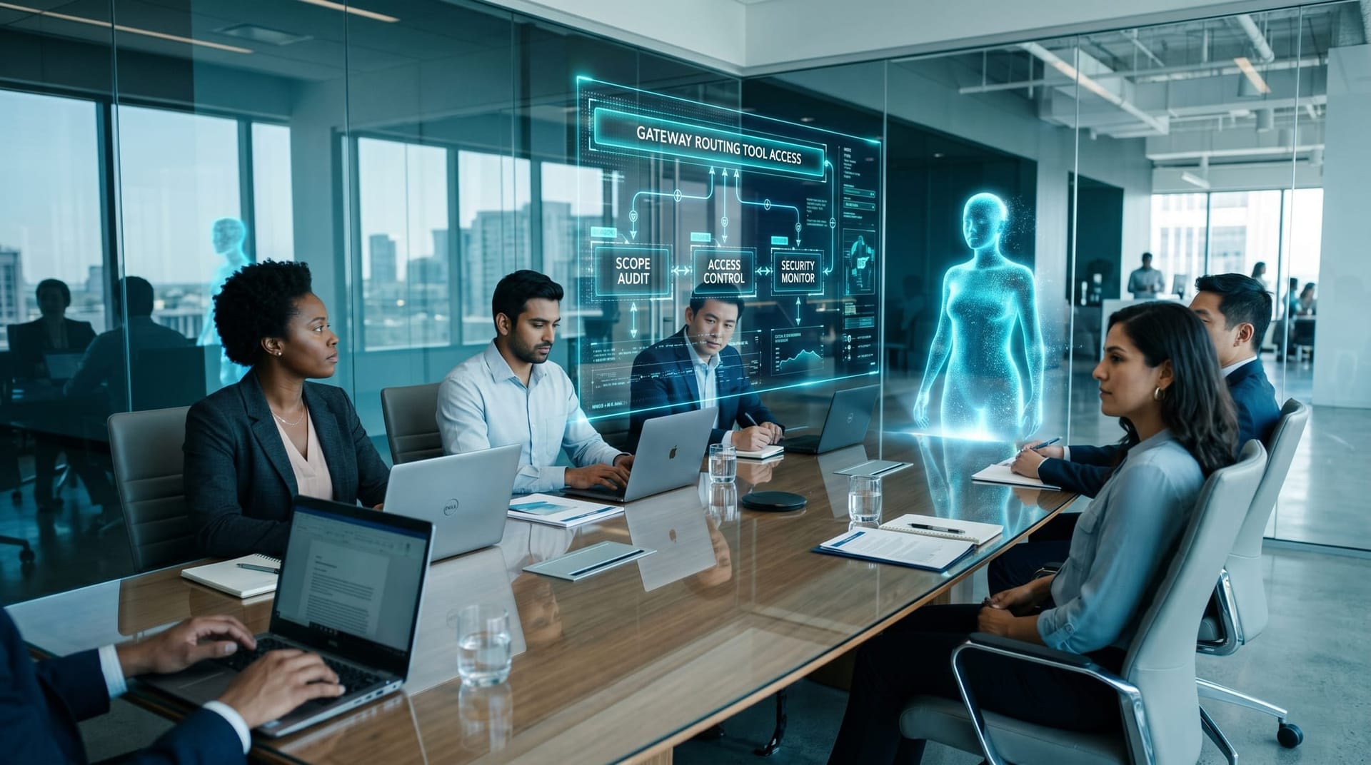 Diverse team around a conference table reviewing a holographic security gateway diagram with cyan panels labeled SCOPE AUDIT and ACCESS CONTROL governing which tools an AI employee may reach