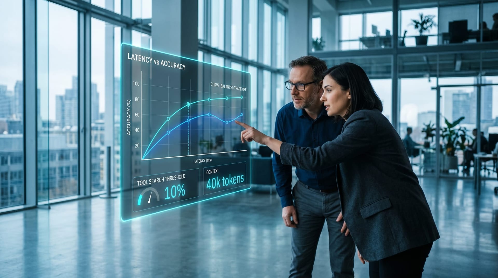 Holographic cyan latency-versus-accuracy dashboard floating in a glass office showing a tradeoff curve and a panel labeled TOOL SEARCH THRESHOLD as a small team weighs AI agent reliability