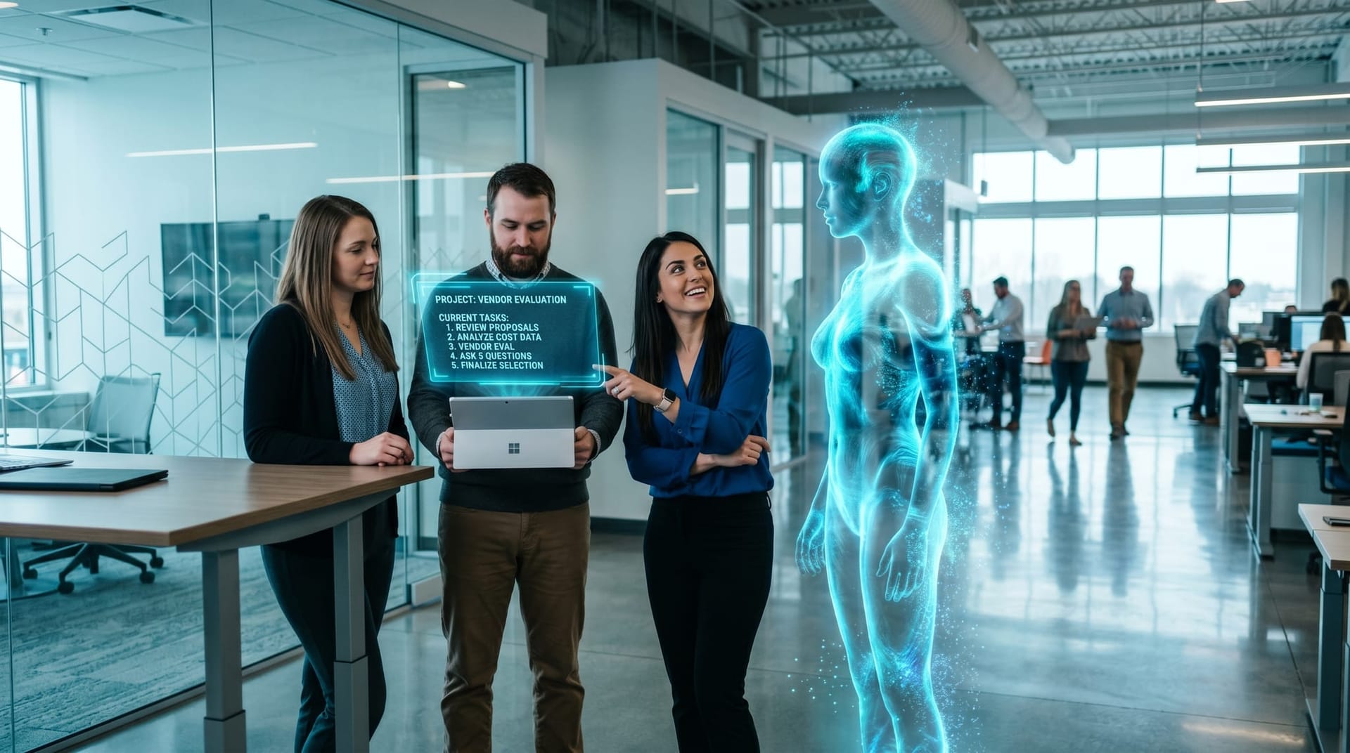 Small Northeast Indiana business team at a counter reviewing a five-question AI vendor checklist on a floating cyan panel labeled VENDOR EVAL while a translucent blue AI employee assists