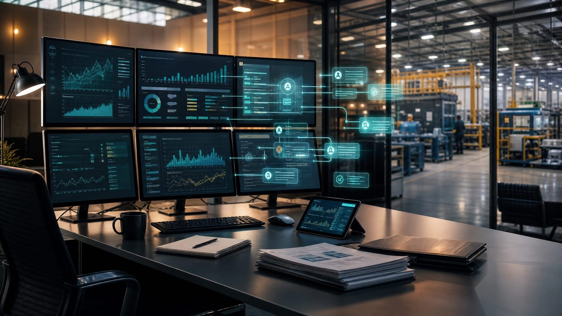 Modern analytics workspace with multiple monitors displaying real-time AI employee performance dashboards and KPI tracking metrics