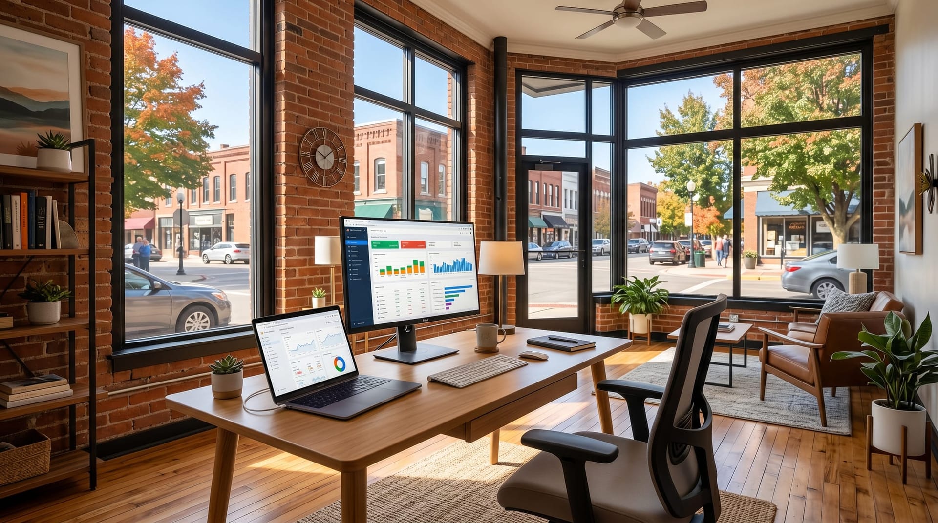 Northeast Indiana small business office adopting AI employee performance measurement tools on desktop workstations in 2026