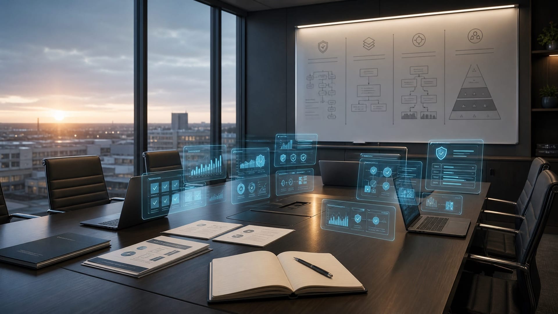Fort Wayne IT team conference room at dawn with a clean whiteboard, an open notebook, and empty chairs around a table — the setup for a 30-day AI asset inventory sprint.