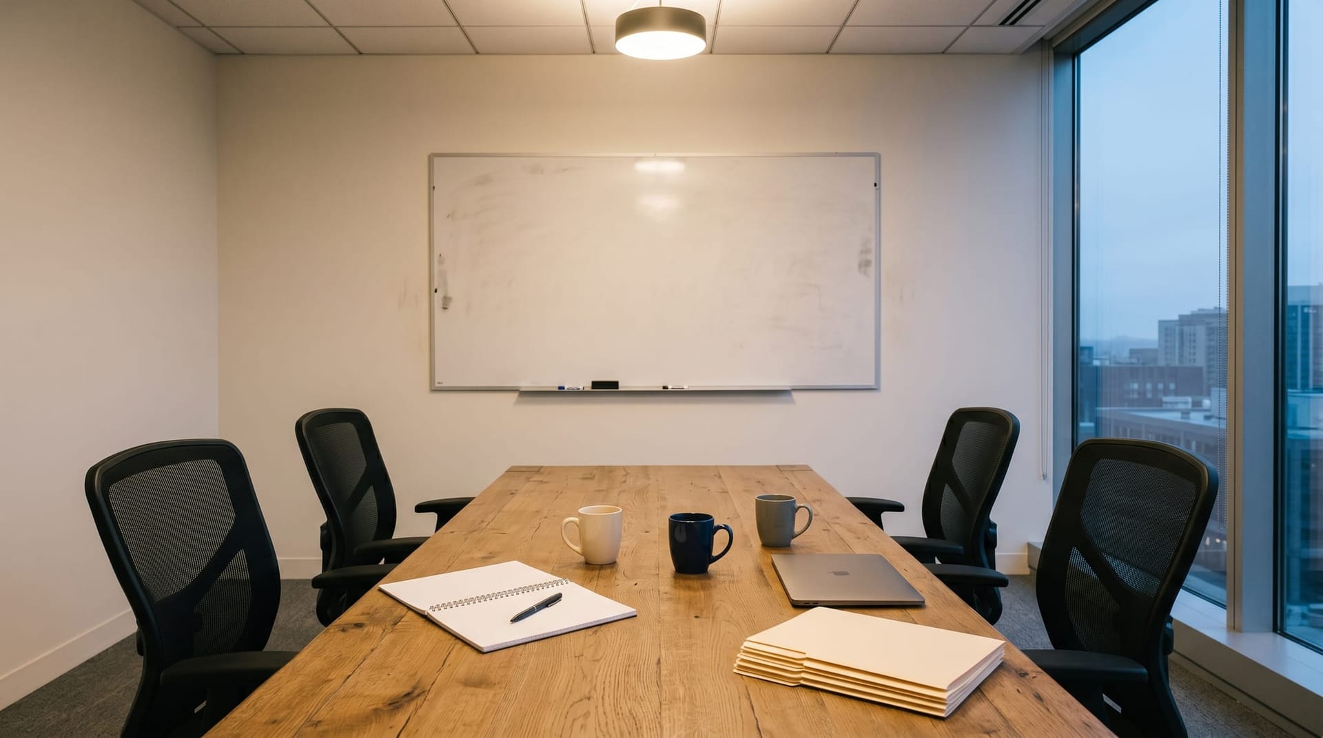Fort Wayne IT team conference room at dawn with a clean whiteboard, an open notebook, and empty chairs around a table — the setup for a 30-day AI asset inventory sprint.