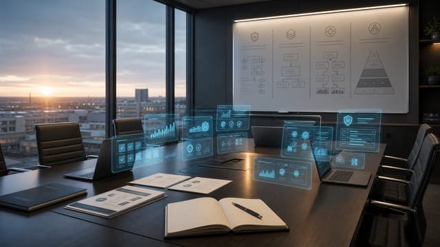 Fort Wayne IT team conference room at dawn with a clean whiteboard, an open notebook, and empty chairs around a table — the setup for a 30-day AI asset inventory sprint.
