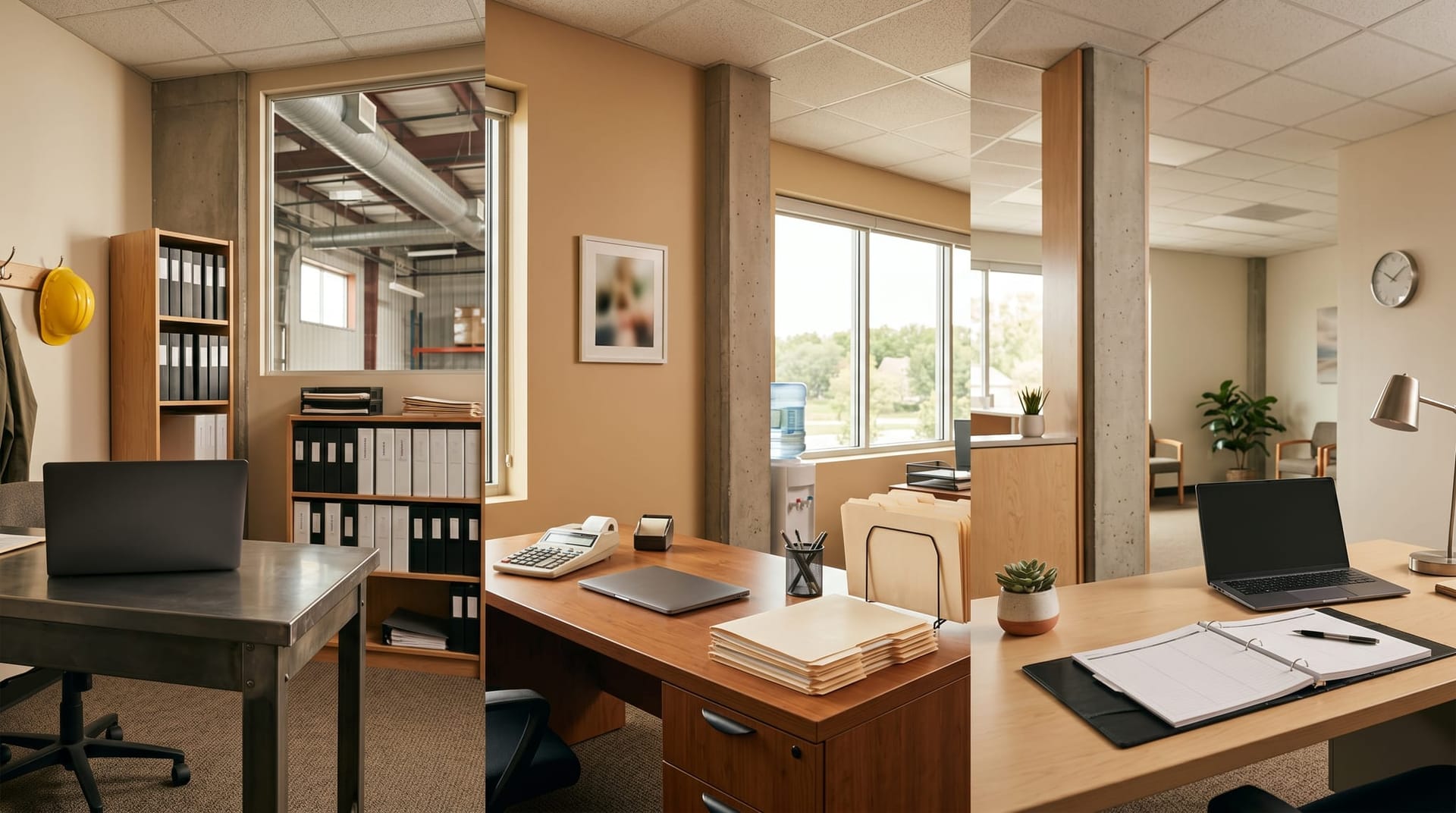 Three side-by-side Northeast Indiana workplace interiors — manufacturing office, CPA practice, and healthcare clinic — representing the Fort Wayne industry clusters applying the Mend framework.