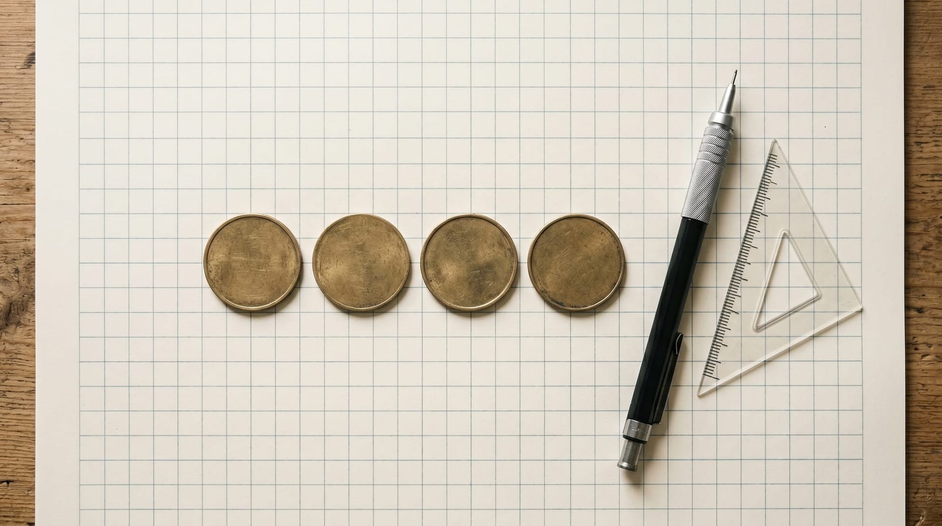 Overhead flat-lay of four brass coins arranged in a row on a sheet of architect's grid paper, representing the four pillars of Mend's AI security governance framework.
