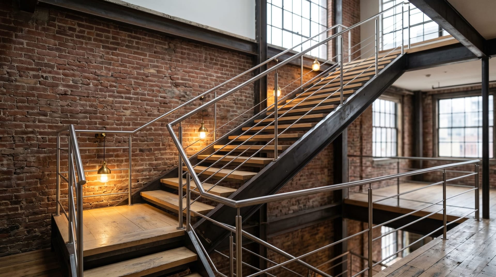 Architectural close-up of a modern open steel staircase with four distinct landings and warm accent lighting, symbolizing the four-stage Mend AI maturity model ladder.
