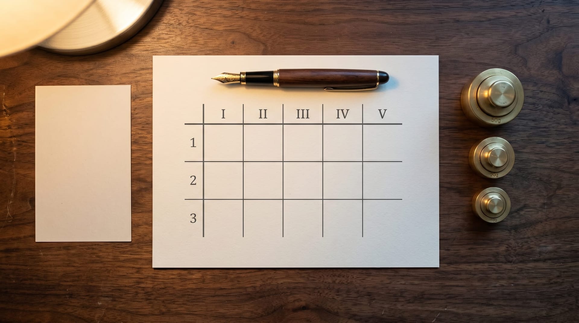 Close-up of a scoring matrix on cream paper with a fountain pen and a small set of brass weights, illustrating the 1-to-3 risk tiering math across five dimensions.