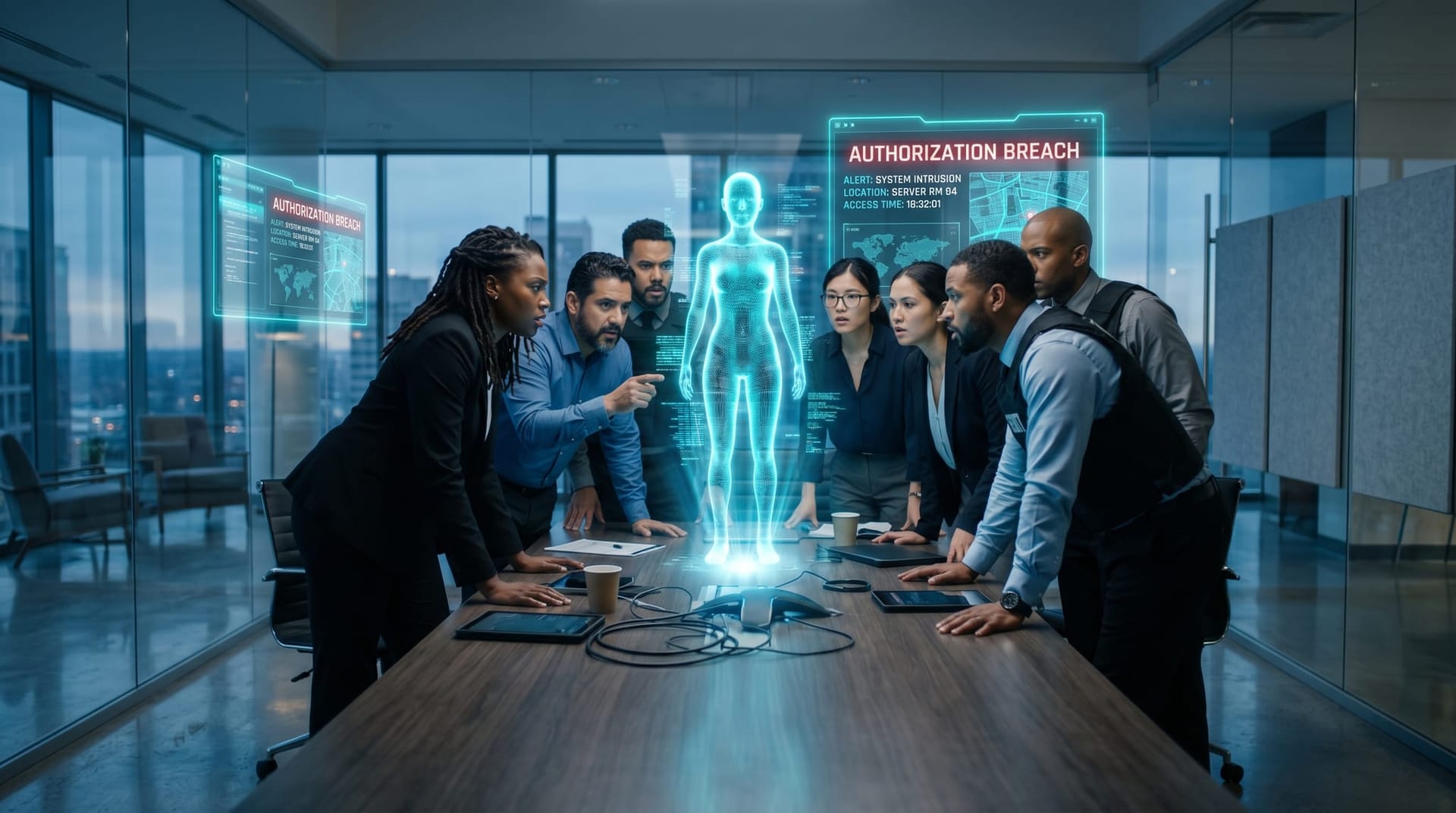 Security team in a glass-walled office reviewing an AI agent authorization breach beside a translucent cyan holographic AI avatar and floating audit panels