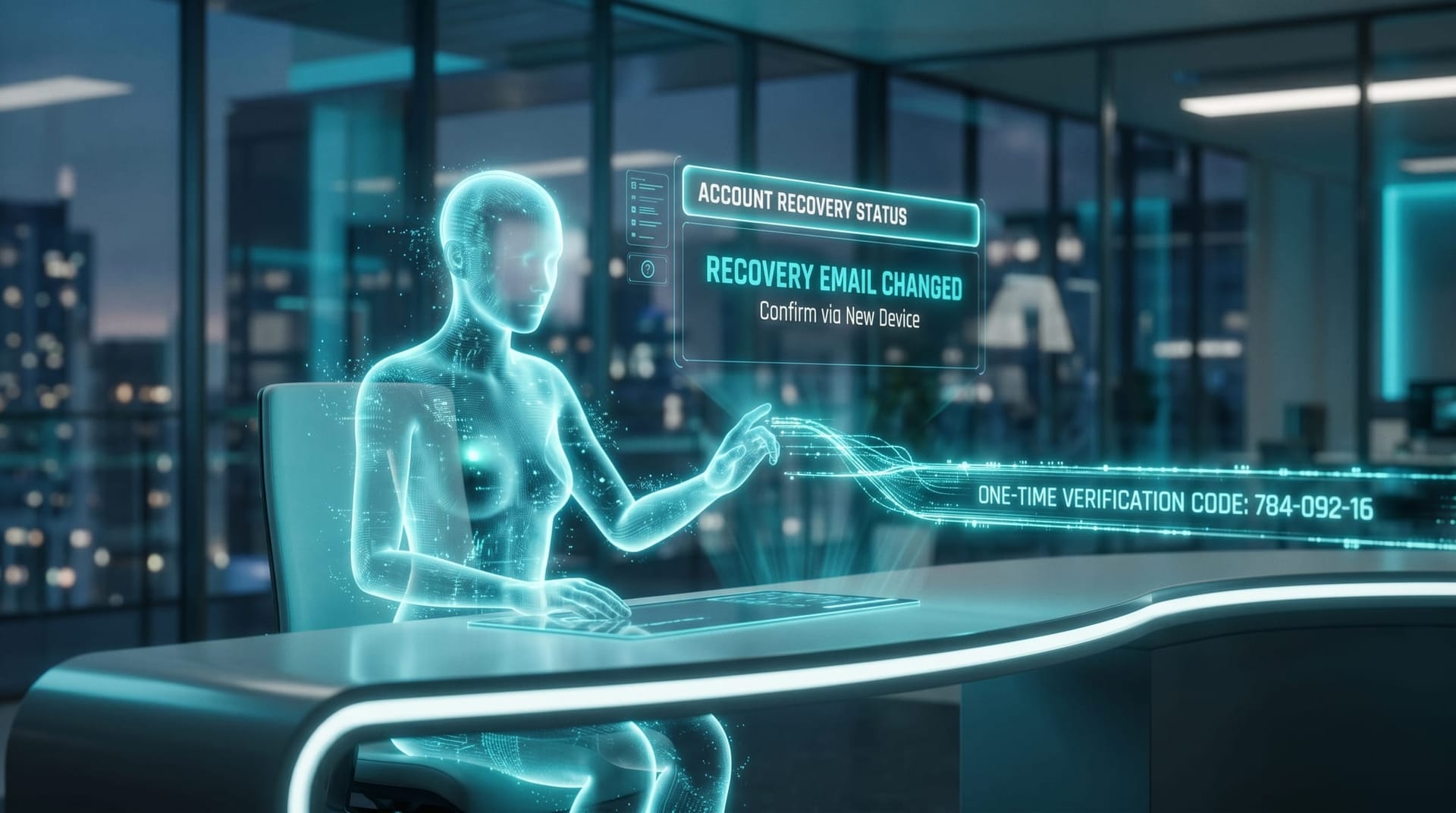 A holographic AI support agent figure handing a glowing recovery code to an unseen requester while a cyan account-recovery panel floats nearby in a cool-lit office