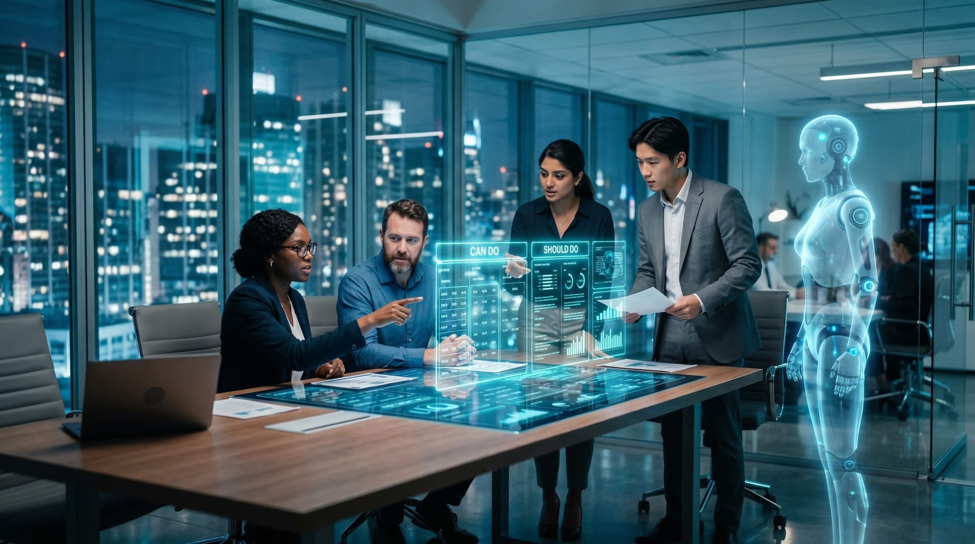 Colleagues at a conference table comparing what an AI agent can do versus should do across floating cyan matrix panels in a futuristic glass office
