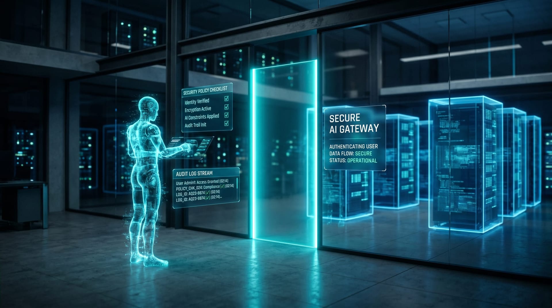 A glowing cyan Secure AI Gateway barrier sitting between a holographic AI avatar and enterprise data systems with floating policy and audit panels