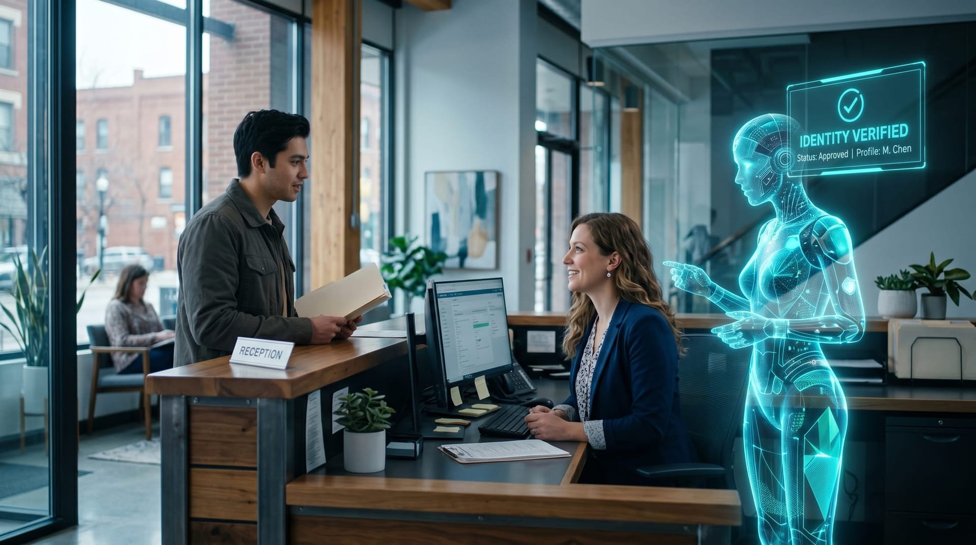 A Northeast Indiana small-business front desk with a holographic AI scheduling agent and floating cyan verification panels in a calm cool-lit office