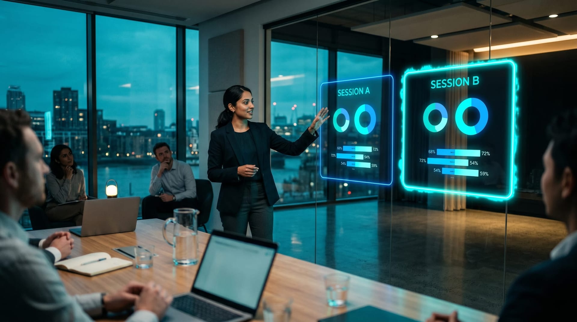 Two identical glowing holographic session panels float side by side as a presenter highlights which authorized AI agent action was appropriate and which was not