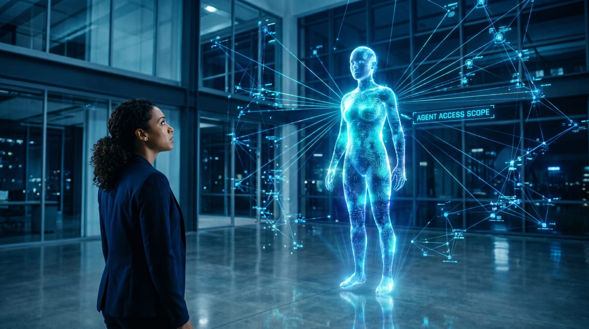 Translucent cyan AI Employee hologram reaches across many connected system nodes while a holographic label warns of broad post-login agent access scope
