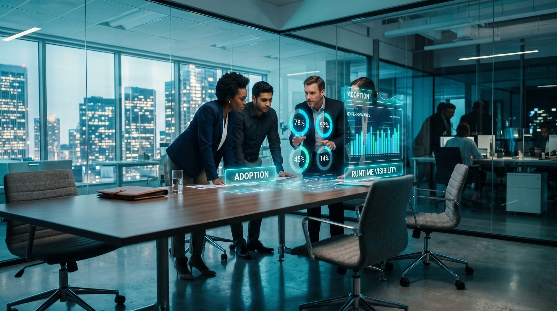 A diverse security team gathers around floating cyan dashboards showing AI agent adoption and runtime visibility metrics in a bright glass office