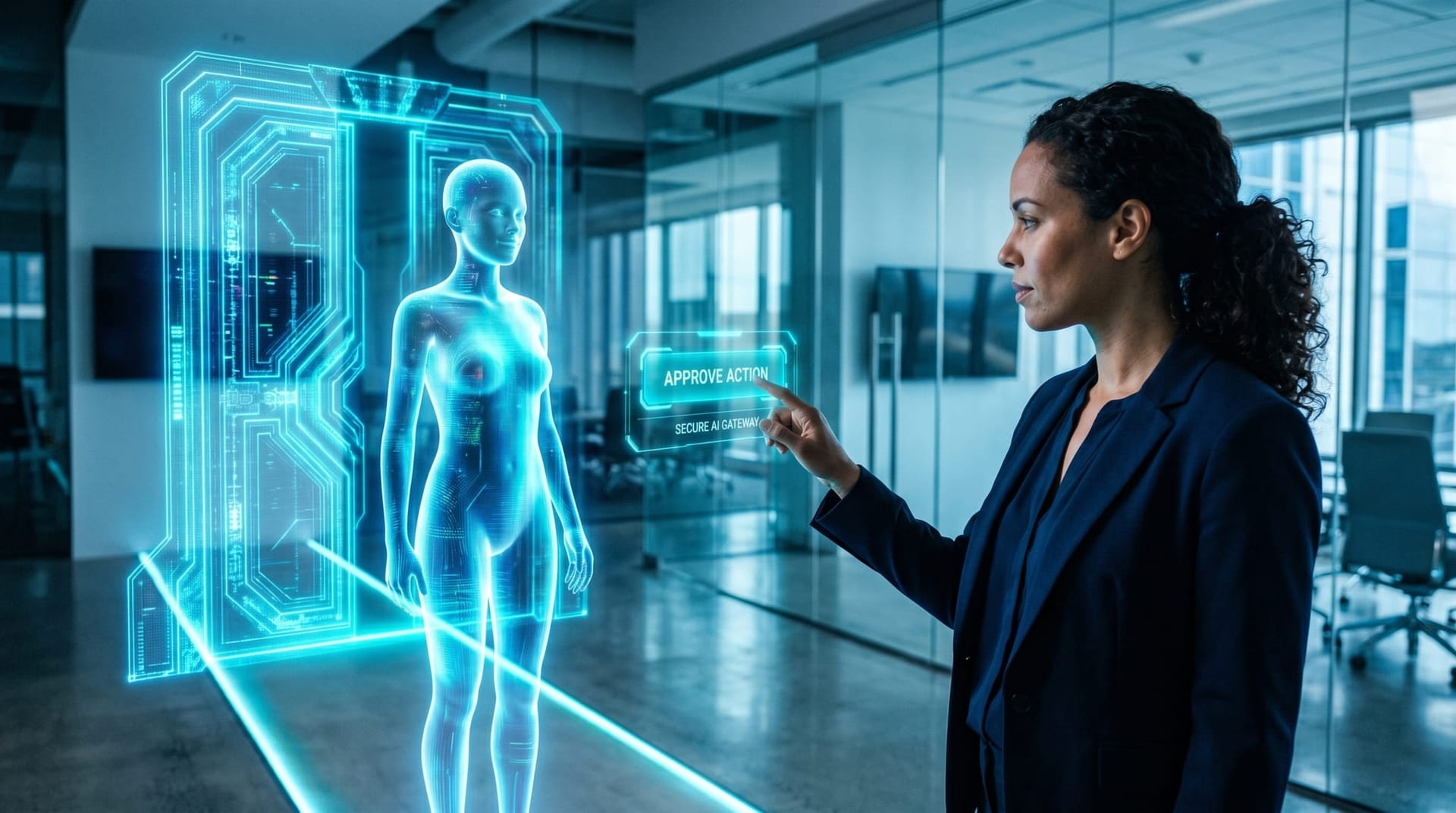 Translucent cyan AI Employee pauses at a glowing approval gate as a professional taps a holographic approve control on a secure AI gateway control plane