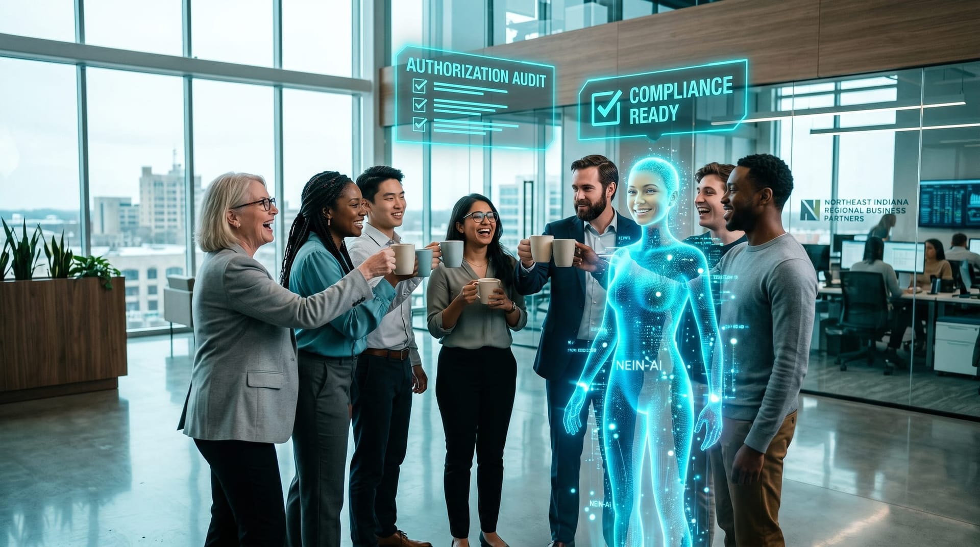 A Northeast Indiana business team toasts coffee beside a translucent cyan AI Employee under a holographic compliance and authorization audit overlay