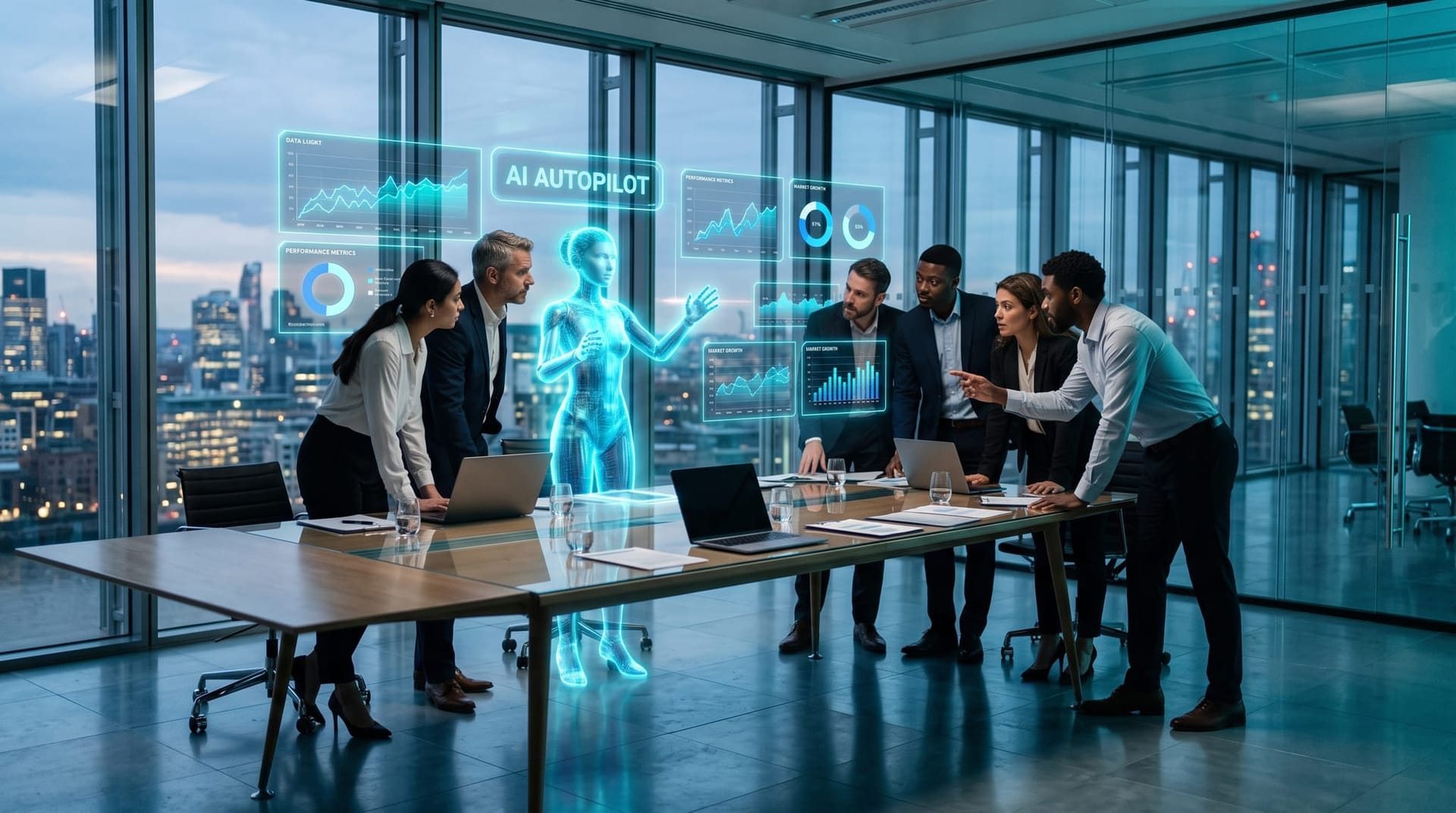 Business team and a cyan holographic AI avatar weighing a Microsoft Copilot Autopilot autonomous agent decision on a floating dashboard